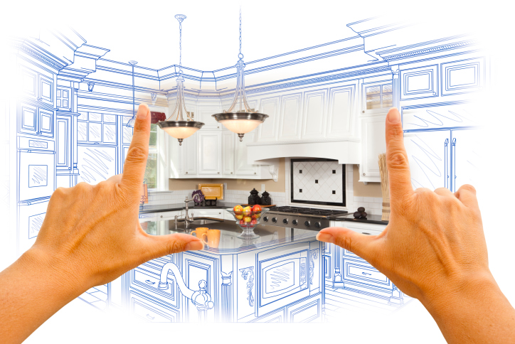 Hands Framing Custom Kitchen Design Drawing and Photo Combinatio