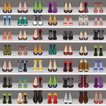 shoes on shelves in shop